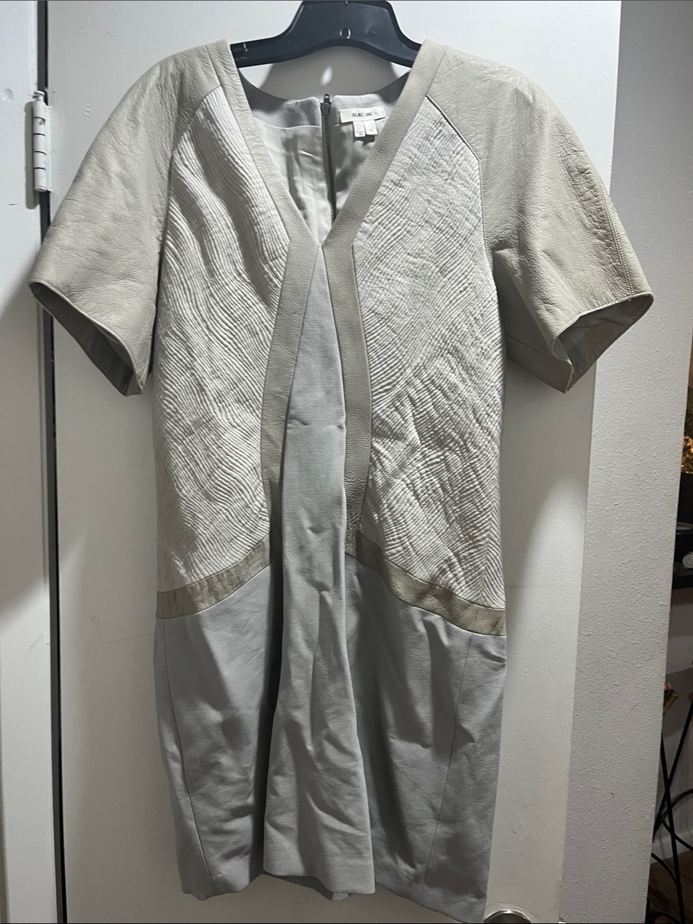 Helmut Lang Short-Sleeve Panel Blazer Dress in Light Gray